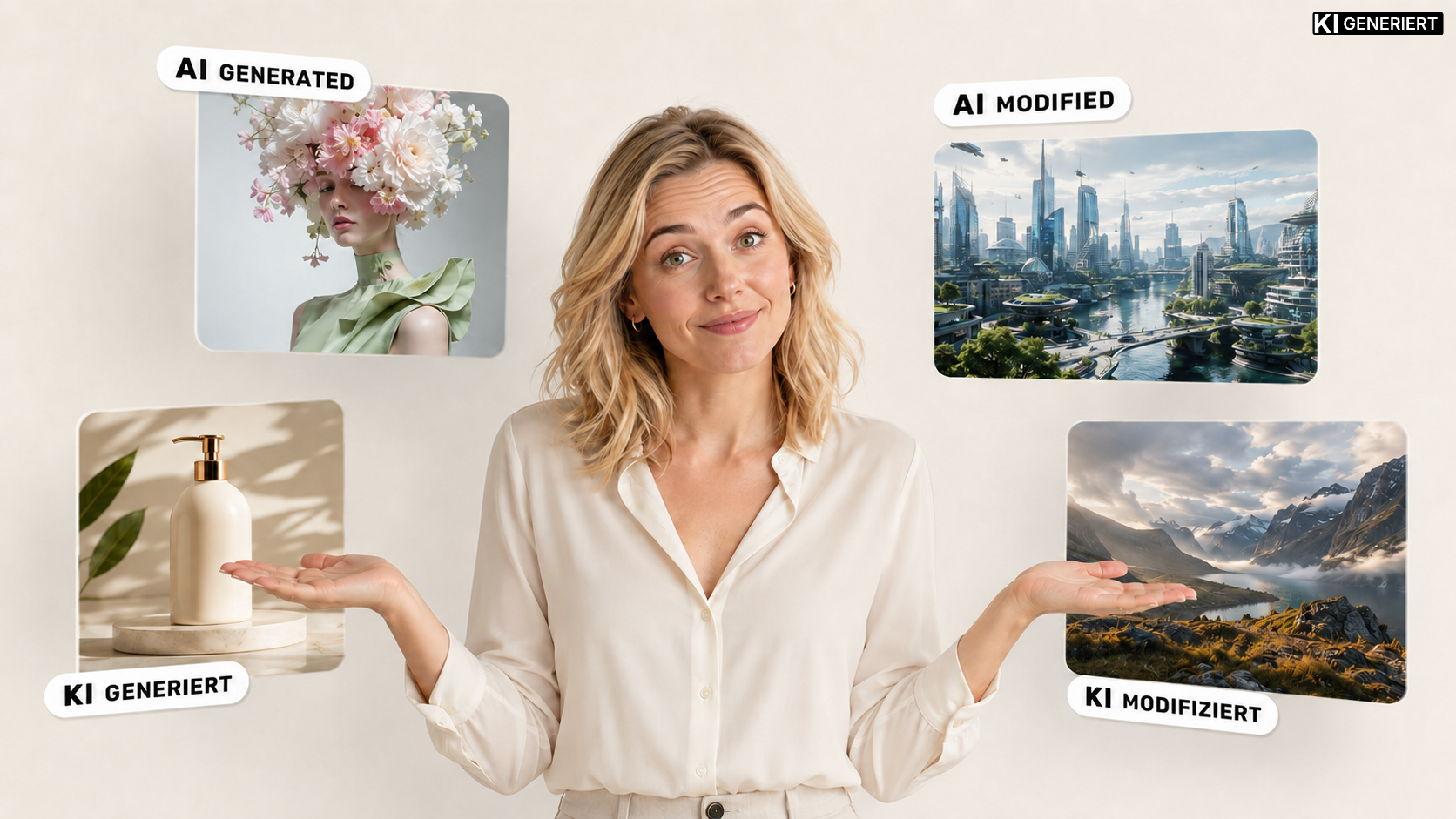 Frau präsentiert vier Beispielbilder mit KI-Generated- und KI-Modified-Labeln